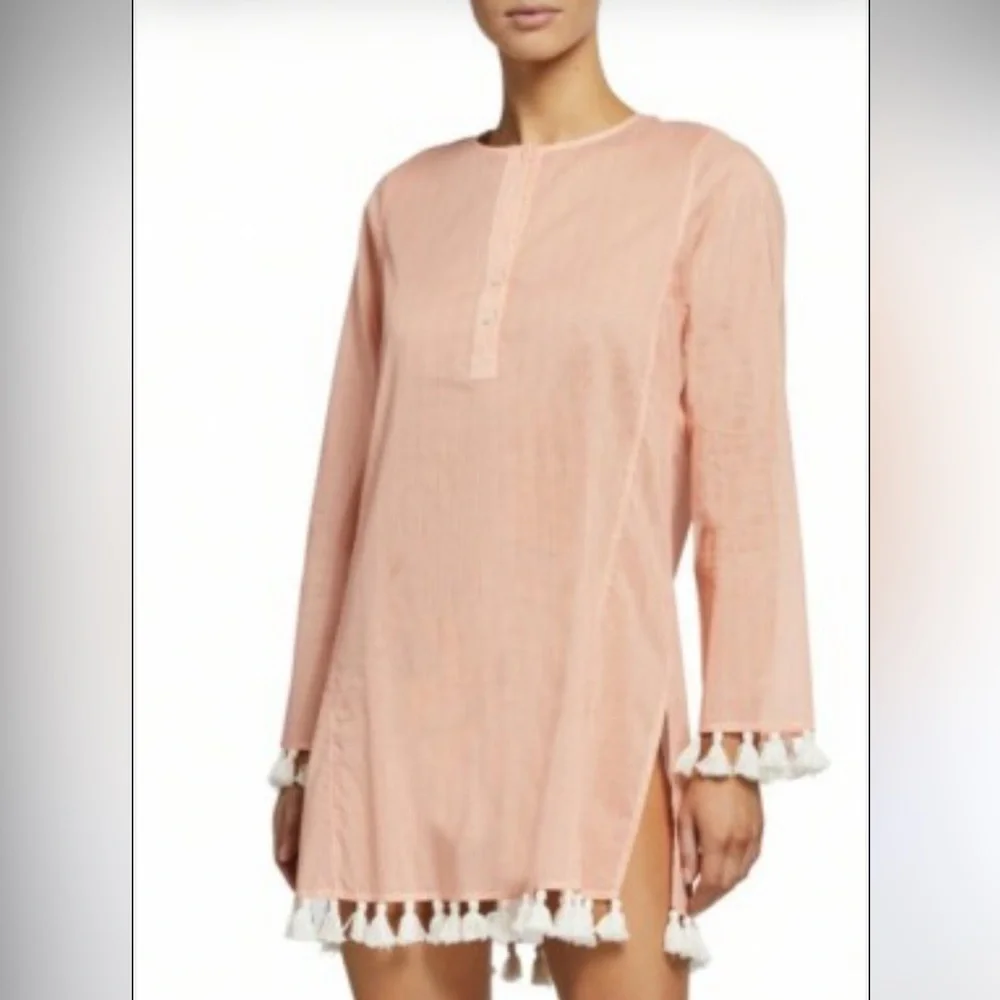 Tory Burch Peach Striped Button Down swim cover up dress with Tassels